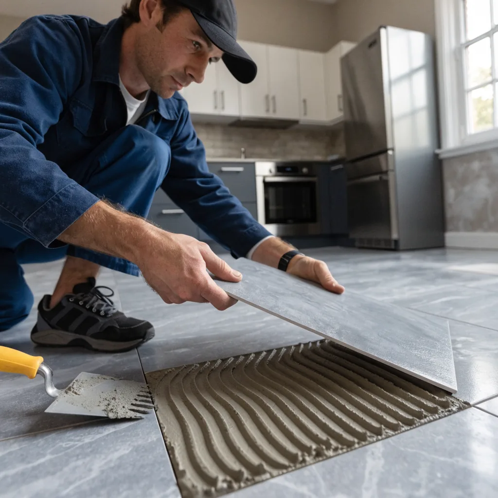 A tiler bedding a large format porcelain floor tile in a Tamworth kitchen